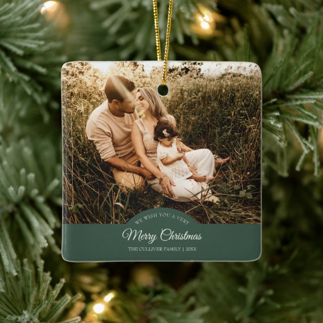 Green Very Merry Christmas Family Photo Ceramic Ornament (Tree)
