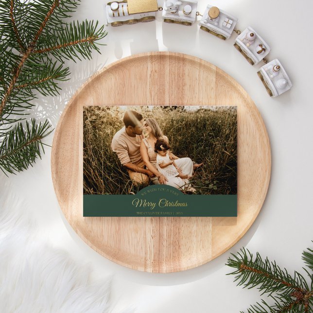 Green Very Merry Christmas Four Photo Horizontal Foil Holiday Card (Creator Uploaded)
