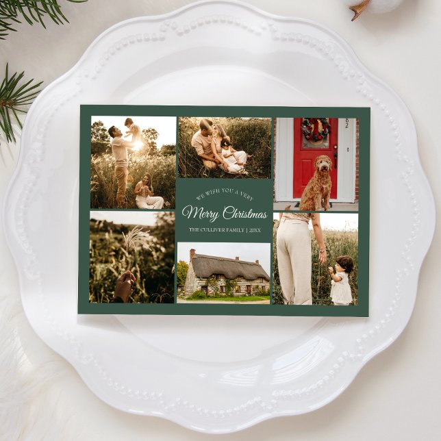 Green Very Merry Christmas Six Photo Collage Holiday Card (Creator Uploaded)