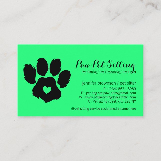 Green veterinary logo cat dog paw business card (Front)
