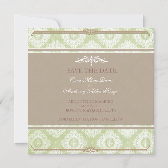 Green victoria damask save the date card (Front)