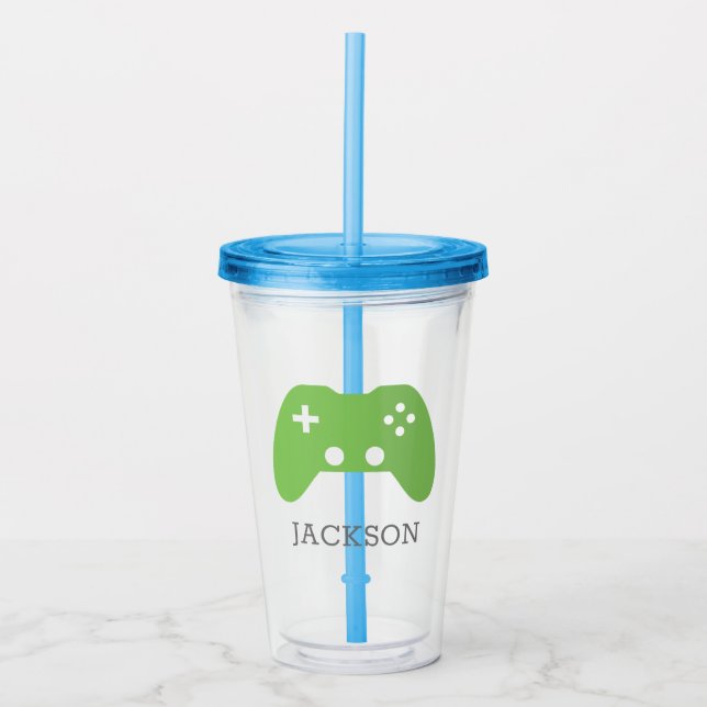 Green Video Game Controller Gamer Personalised Acrylic Tumbler (Front)