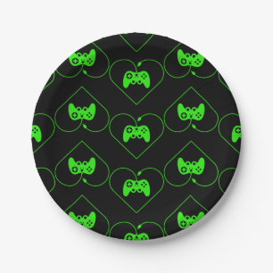 Green Video Game Controller Heart Pattern Paper Plate