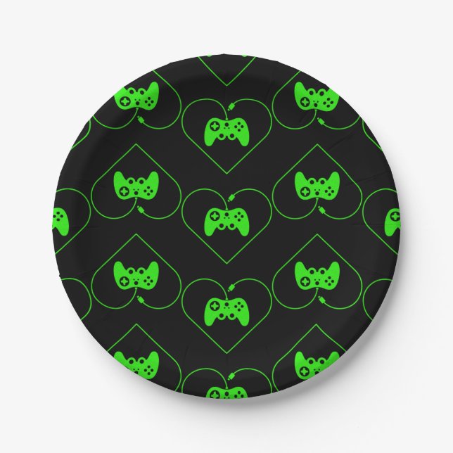 Green Video Game Controller Heart Pattern Paper Plate (Front)