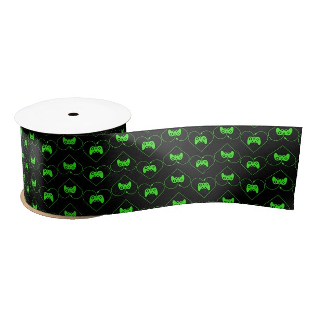 Green Video Game Controller Heart Pattern Satin Ribbon (Spool)