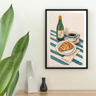 Green vine bottle, black tea, croissant wall art