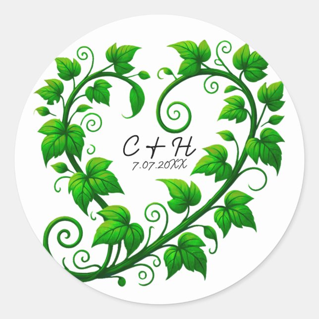 Green Vine Heart Leaves Wedding Classic Round Sticker (Front)