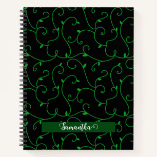 Green Vine Leaves Abstract Floral Line Black Notebook