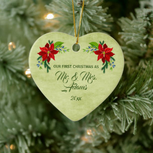 Green Vintage and Poinsettia, Christmas tree Ceramic Ornament