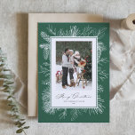 Green Vintage Botanical Frame Merry Christmas Holiday Card<br><div class="desc">Merry Christmas! Send Christmas greetings with this vintage theme Christmas flat card. It features vintage line art of pinecones, pine needles and hollies with a green background. Personalise by adding your photo, names, year and message. This vintage Christmas photo flat card is available in other colours. Matching items are available....</div>