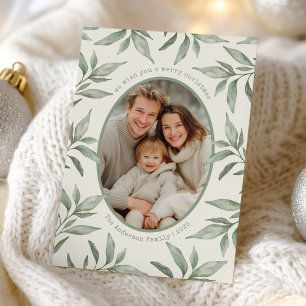 Green Vintage Botanical Photo Merry Christmas Holiday Card