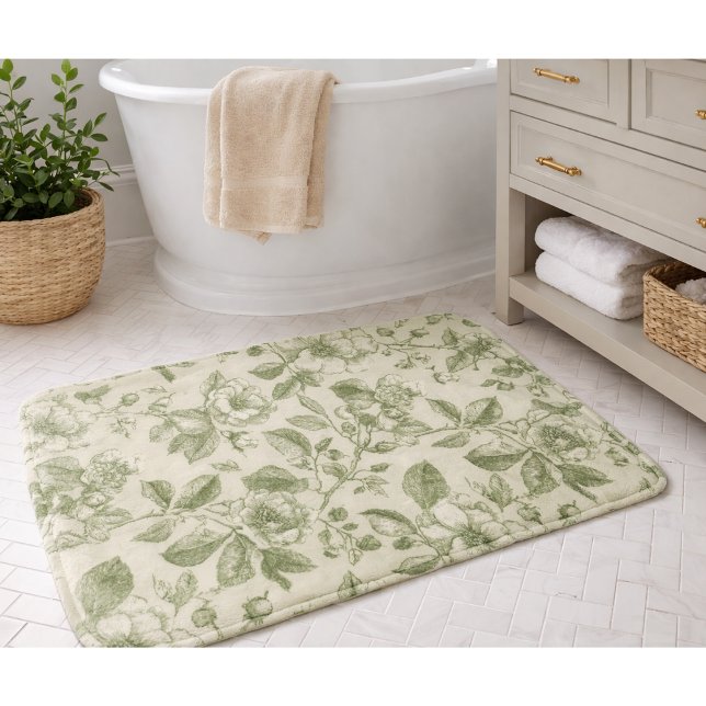 Green Vintage Botanical Toile Pattern Bath Mat (Creator Uploaded)