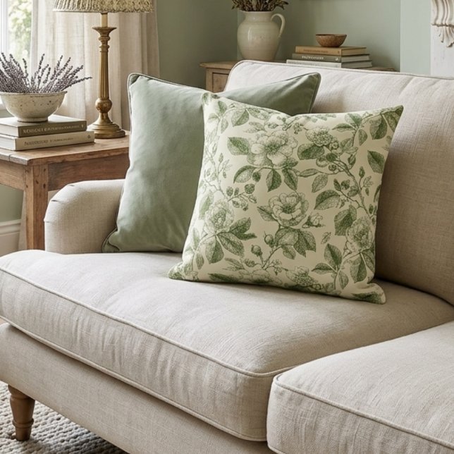 Green Vintage Botanical Toile Pattern Cushion (Creator Uploaded)