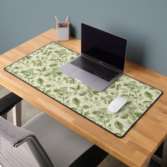 Green Vintage Botanical Toile Pattern Desk Mat (Office 2)