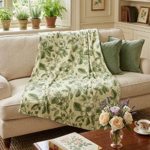 Green Vintage Botanical Toile Pattern Fleece Blanket