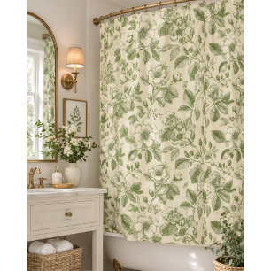 Green Vintage Botanical Toile Pattern Shower Curtain