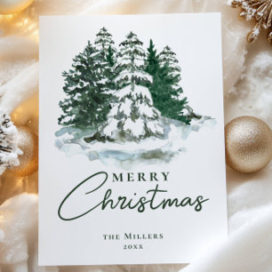 Green Vintage Botanical Tree Watercolor Christmas Holiday Card