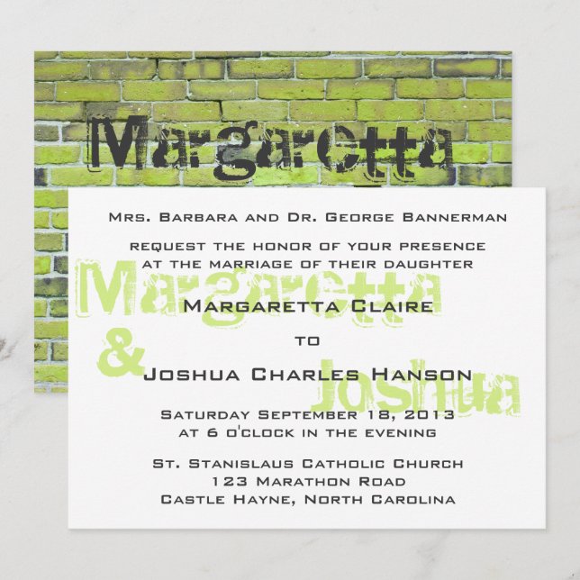 Green Vintage Brick Graffiti Wedding Invitation (Front/Back)