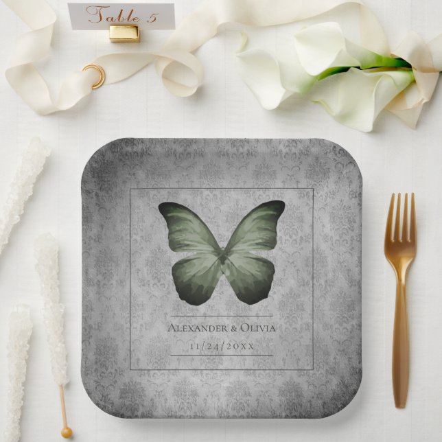 Green Vintage Butterfly Damask Wedding Paper Plate (Wedding)
