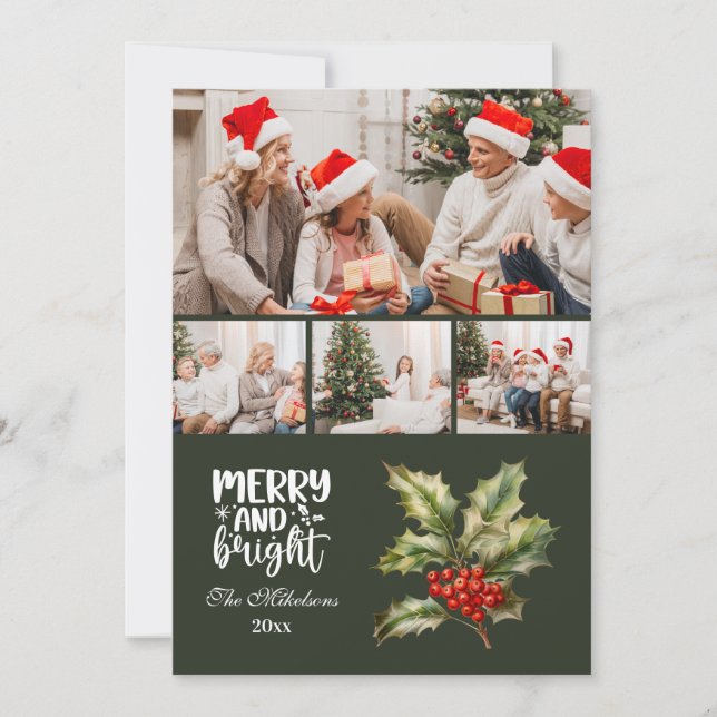 Green Vintage Christmas 4 Photo Family  Holiday Card (Front)