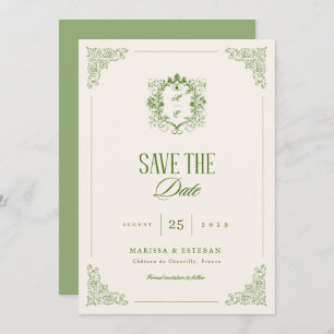 Green Vintage Crest Monogram Formal Luxe Wedding Save The Date