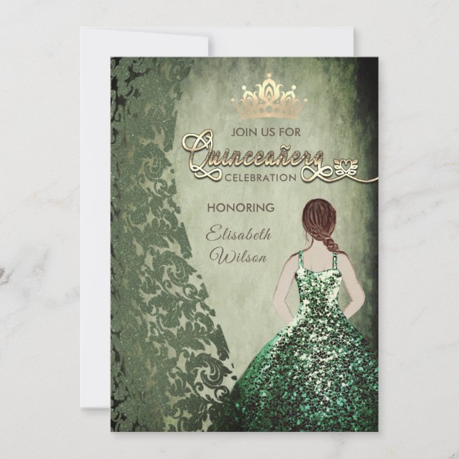 Green vintage dress damask  tiara Quinceañera Invitation (Front)