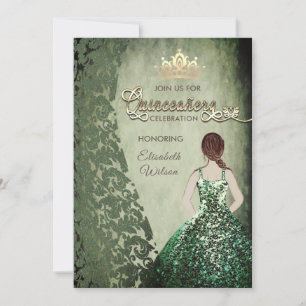 Green vintage dress damask  tiara Quinceañera Invitation