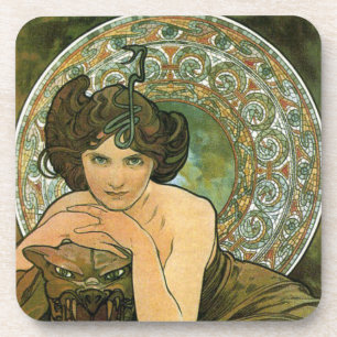 Green Vintage Emerald Temptress Art Nouveau Mucha Coaster