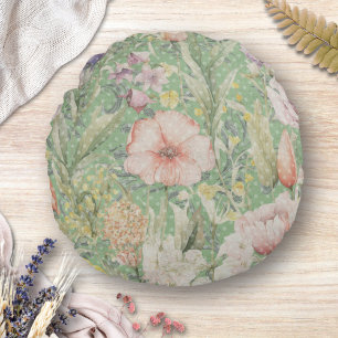 Green Vintage Floral Pattern With Polka Dots Round Cushion