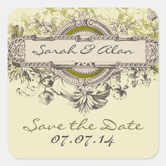 Green Vintage Floral Save The Date Sticker (Front)