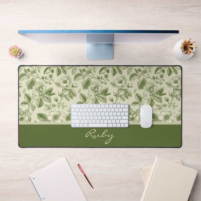 Green Vintage Floral Toile Pattern Desk Mat (Office 1)