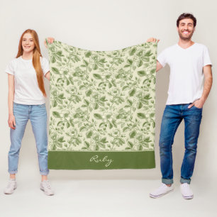 Green Vintage Floral Toile Pattern Fleece Blanket