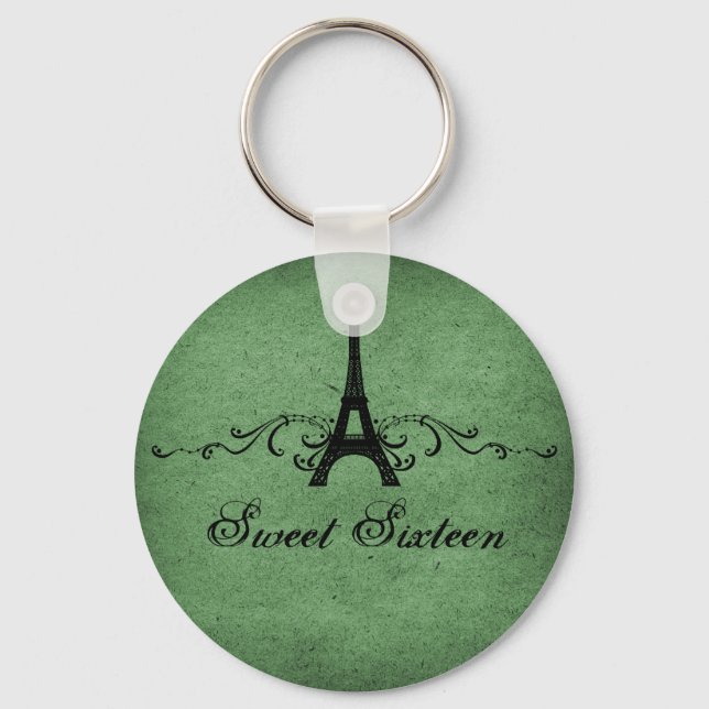 Green Vintage French Flourish Sweet 16 Keychain (Front)