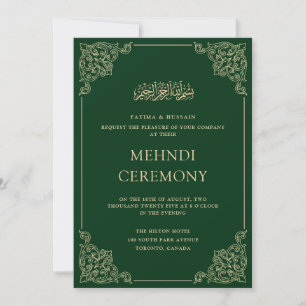 Green Vintage Gold Frame Henna Mehndi Ceremony Invitation