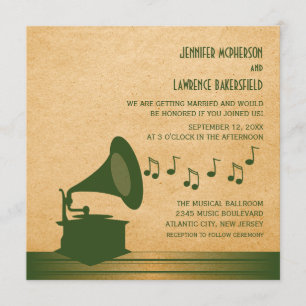 Green Vintage Gramophone Wedding Invite