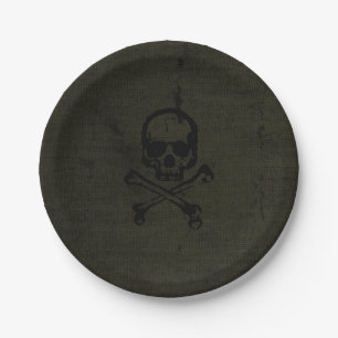 Green Vintage Grunge Skull Crossbones Halloween Paper Plate