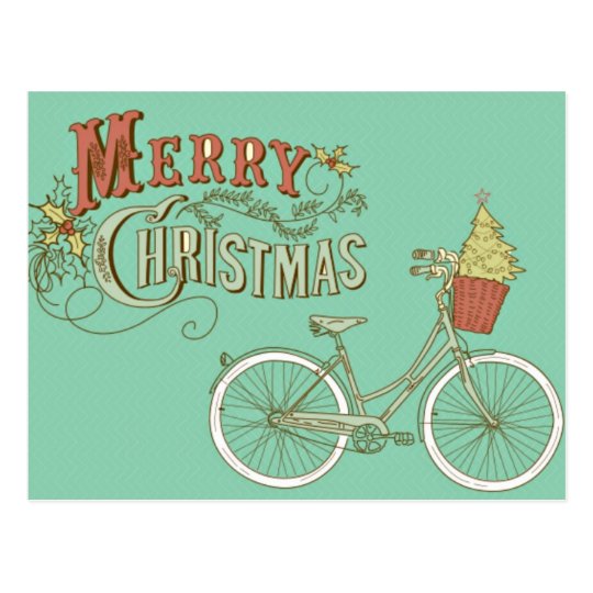 Green Vintage Merry Christmas Bicycle Postcard