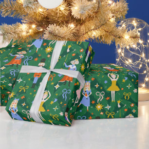 Green Vintage Nutcracker Ballet Christmas Pattern Wrapping Paper
