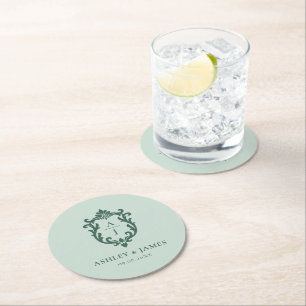 Green Vintage Ornate Crest Wedding Round Paper Coaster