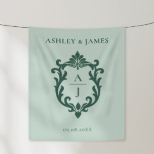 Green Vintage Ornate Crest Wedding Tapestry