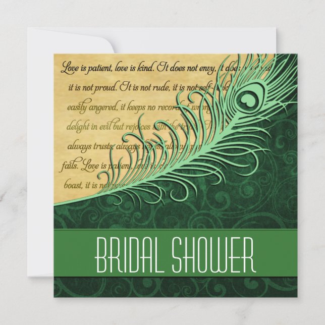 Green Vintage Peacock Bridal Shower Invitations (Front)