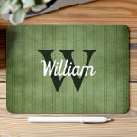 Green Vintage Pinstripe Retro Monogram Mouse Pad<br><div class="desc">This design features a vintage green pinstripe pattern in green with darker dashed stripes. Personalise it with your monogram initial in dark green/off-black and your name in white retro script.</div>