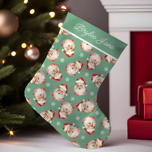 Green Vintage Retro Santa Claus Personalised Small Christmas Stocking