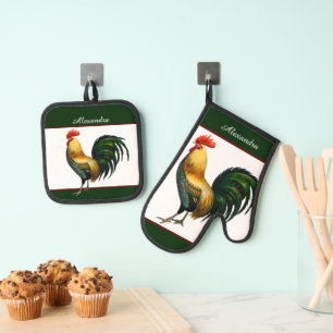 Green Vintage Rooster Personalised monogram name Oven Mitt & Pot Holder Set