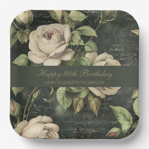Green Vintage Rose Paper Plate