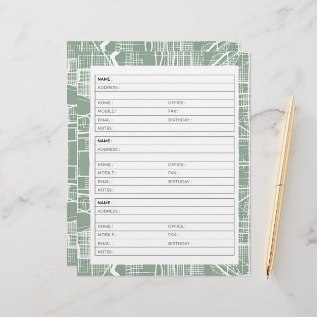 Green vintage street map addresss book page (Front/Back In Situ)