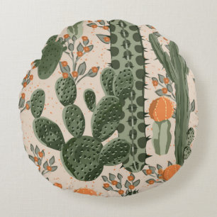 Green vintage succulent cactus and orange flowers  round cushion