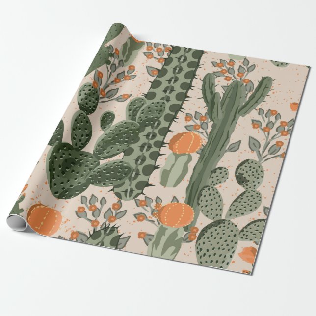 Green vintage succulent cactus and orange flowers  wrapping paper (Unrolled)