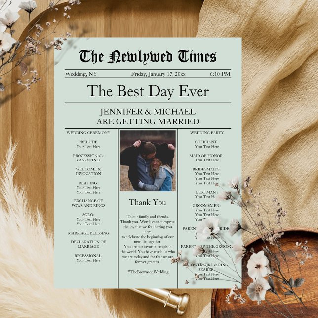 Green Vintage Traditional Newspaper Wedding Invitation (Creator Uploaded)