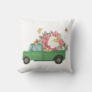 Green Vintage Truck Throw Pillow Cover with Flower